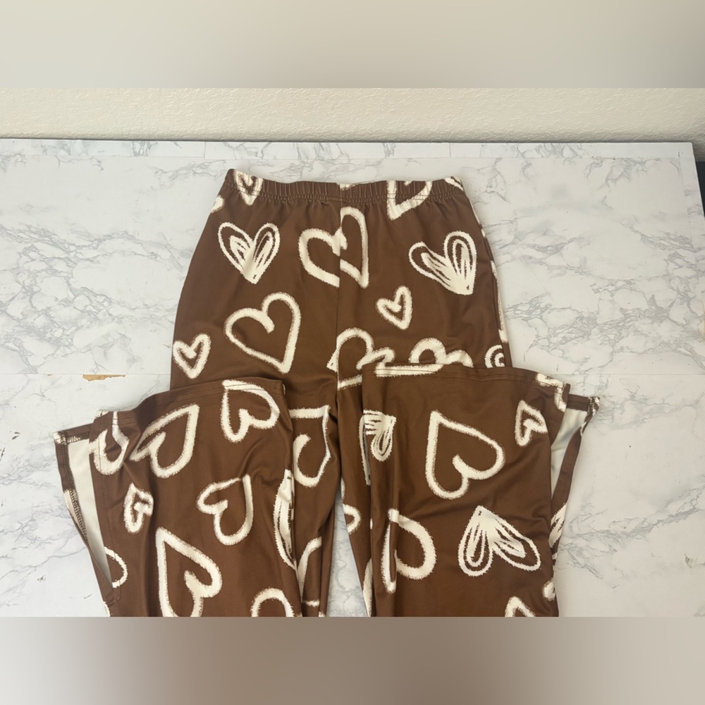 Shein Pants Teen 12-13Y Brown Flare Leg Retro Pants Velour Hearts Stretch Soft - Picture 3 of 6